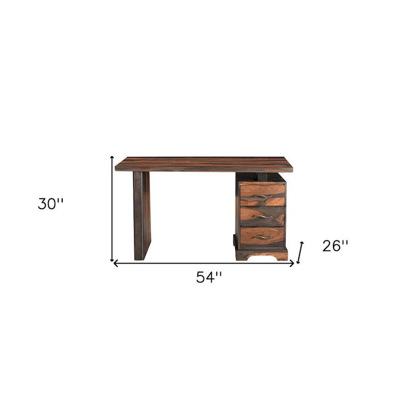 54 Brown Live Edge Solid Wood Writing Desk With Three Drawers