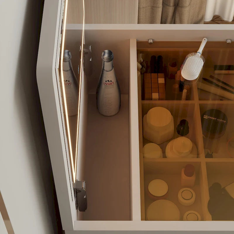 23.6 Schminktisch mit beleuchtetem Klappaufsatz, 3-in-1-Schminktisch mit Glasplatte, LED-Beleuchtung und Steckdose, 3 Schubladen