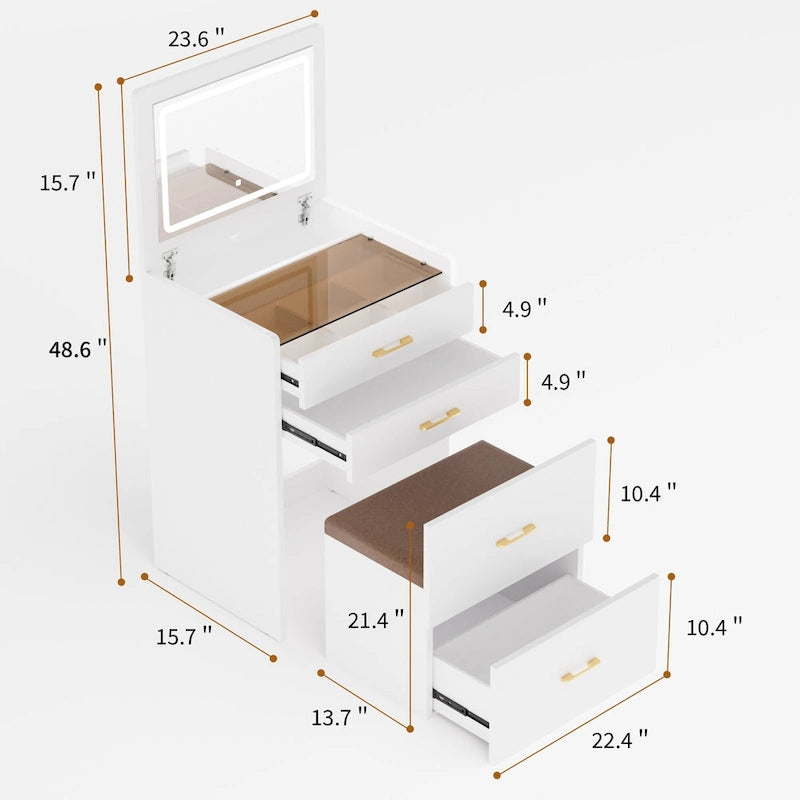 23.6 Schminktisch mit beleuchtetem Klappaufsatz, 3-in-1-Schminktisch mit Glasplatte, LED-Beleuchtung und Steckdose, 3 Schubladen