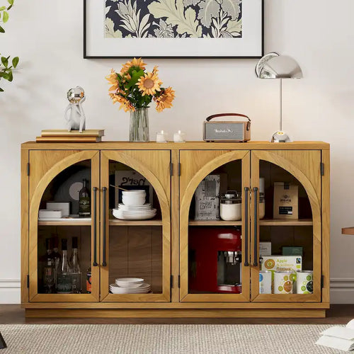 Grande credenza buffet contenitore a 4 ante con ante in vetro, mobile ad arco con ripiani regolabili