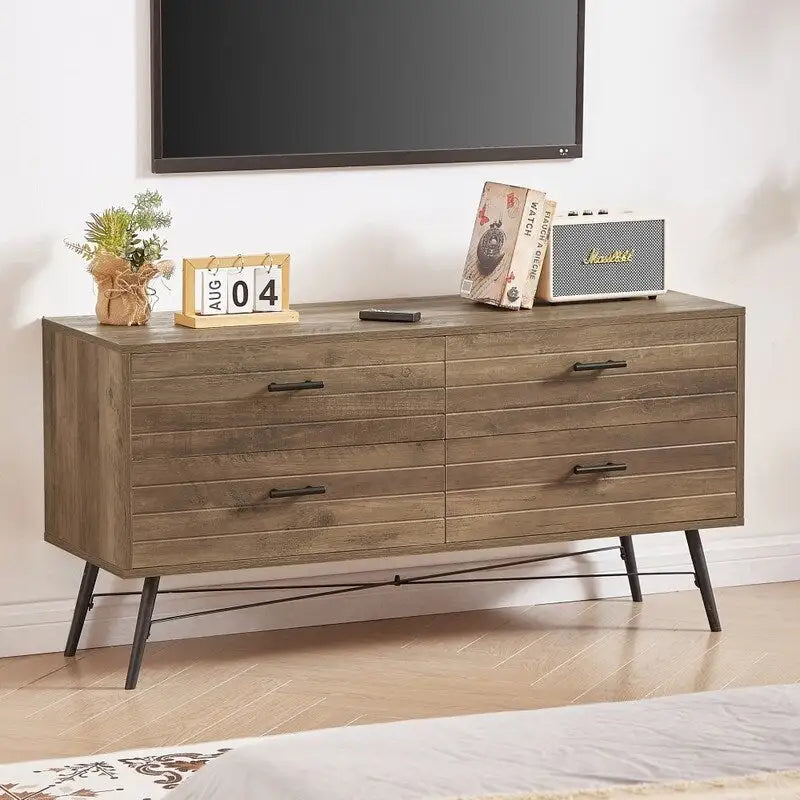 Móvel de TV moderno em madeira, móvel de TV com pernas de madeira, quatro gavetas largas e puxadores metálicos, cómoda para sala de estar