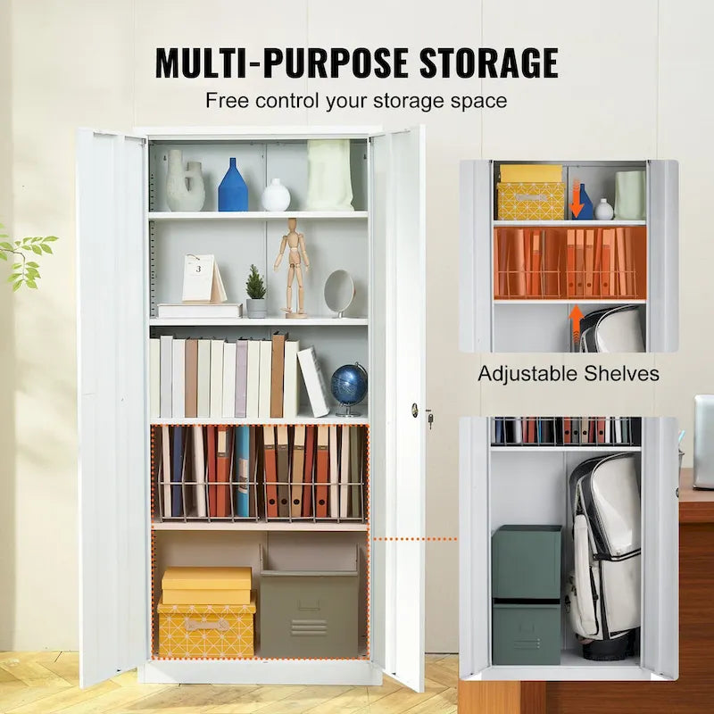 75 Inch Locking Metal Storage Cabinet with 4 Adjustable Shelves and 2 Magnetic Doors