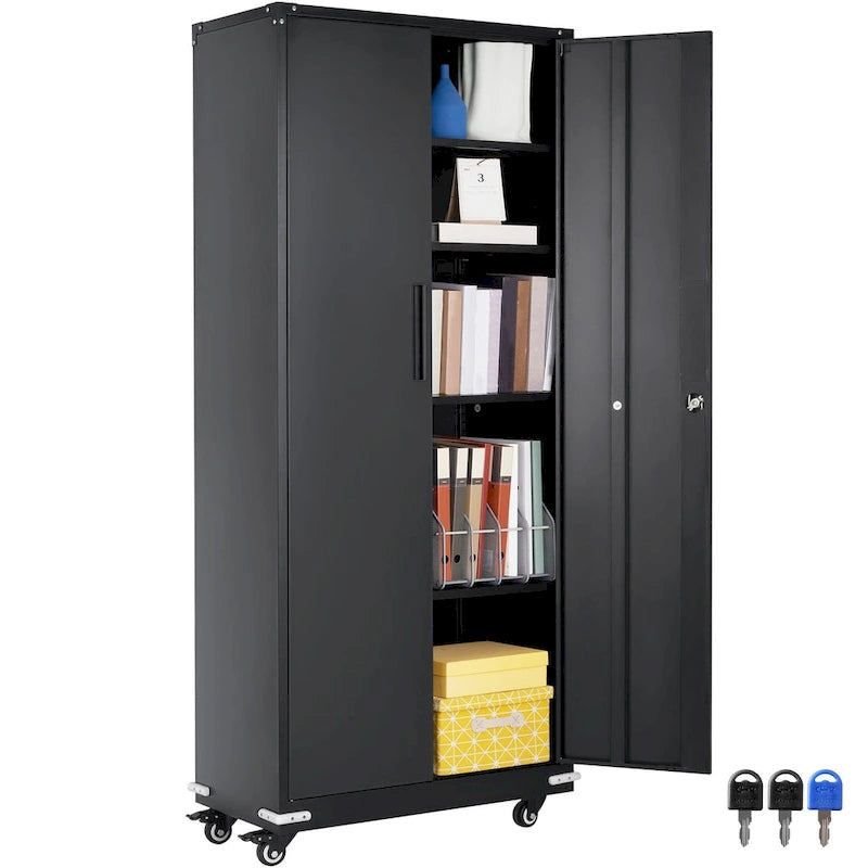 75 Inch Locking Metal Storage Cabinet with 4 Adjustable Shelves and 2 Magnetic Doors
