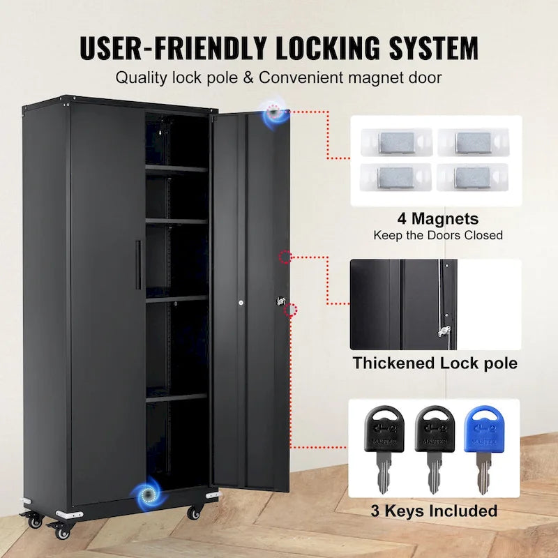 75 Inch Locking Metal Storage Cabinet with 4 Adjustable Shelves and 2 Magnetic Doors