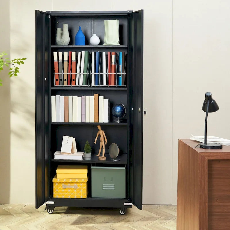 75 Inch Locking Metal Storage Cabinet with 4 Adjustable Shelves and 2 Magnetic Doors