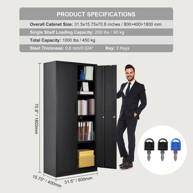 75 Inch Locking Metal Storage Cabinet with 4 Adjustable Shelves and 2 Magnetic Doors