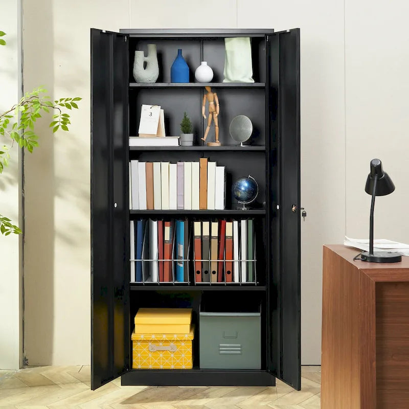 75 Inch Locking Metal Storage Cabinet with 4 Adjustable Shelves and 2 Magnetic Doors