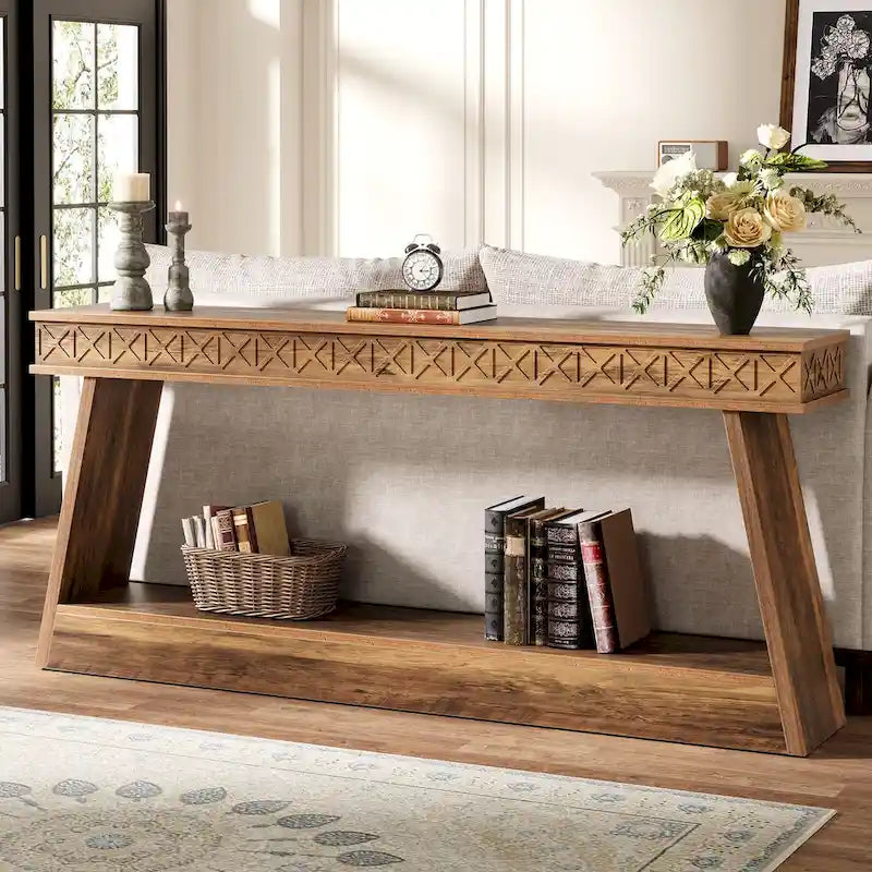 70.8-Inch Extra Long Console Table with Storage Shelf, 2-Tier Farmhouse Entryway Table - 70.87 L x 11.81 W x 31.5 H