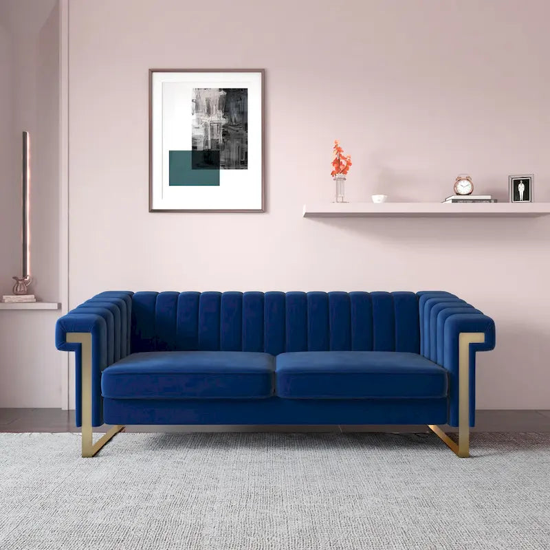 Traditional Chesterfield Tufted Velvet Sofa, Couch with Removable Cushions and Gold Legs
