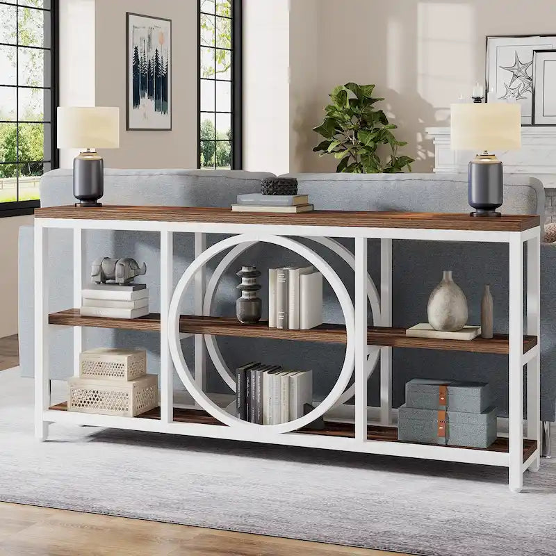 70.9 inch Sofa Console Table with 3 Tier Wood Storage Shelves Industrial Metal Frame for Foyer Hallway Living Room Behind Couch