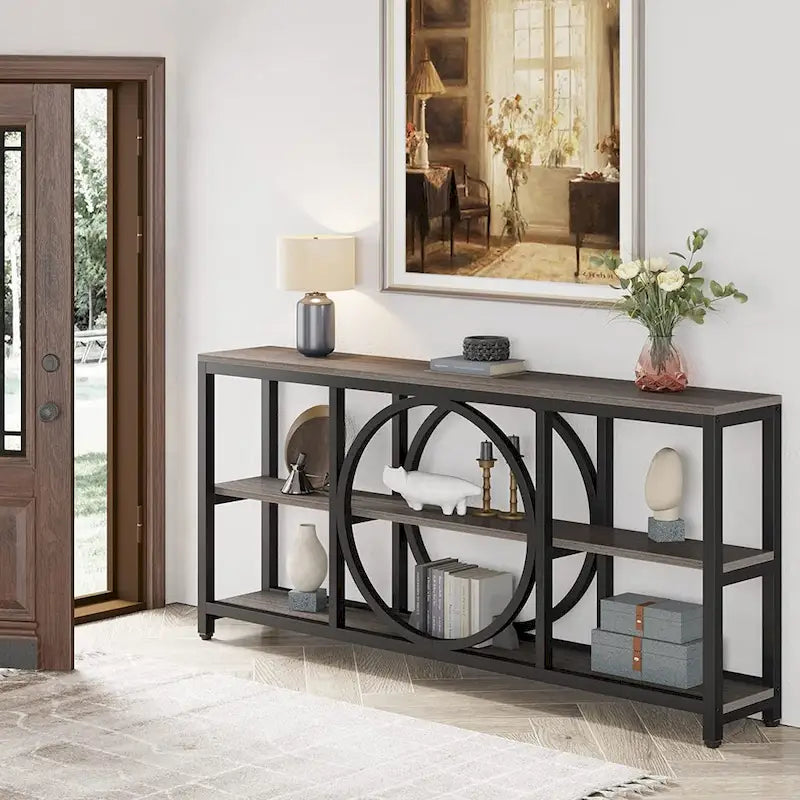 70.9 inch Sofa Console Table with 3 Tier Wood Storage Shelves Industrial Metal Frame for Foyer Hallway Living Room Behind Couch