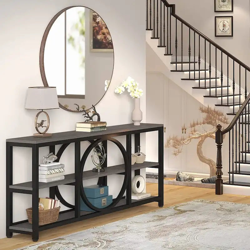 70.9 inch Sofa Console Table with 3 Tier Wood Storage Shelves Industrial Metal Frame for Foyer Hallway Living Room Behind Couch