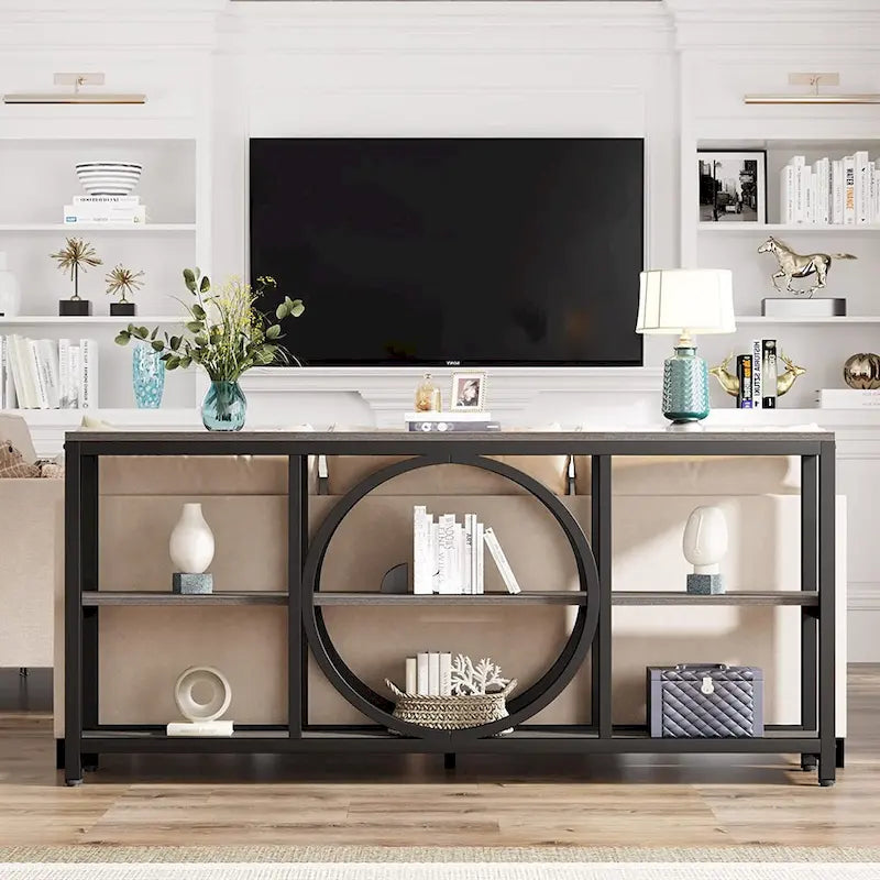 70.9 inch Sofa Console Table with 3 Tier Wood Storage Shelves Industrial Metal Frame for Foyer Hallway Living Room Behind Couch