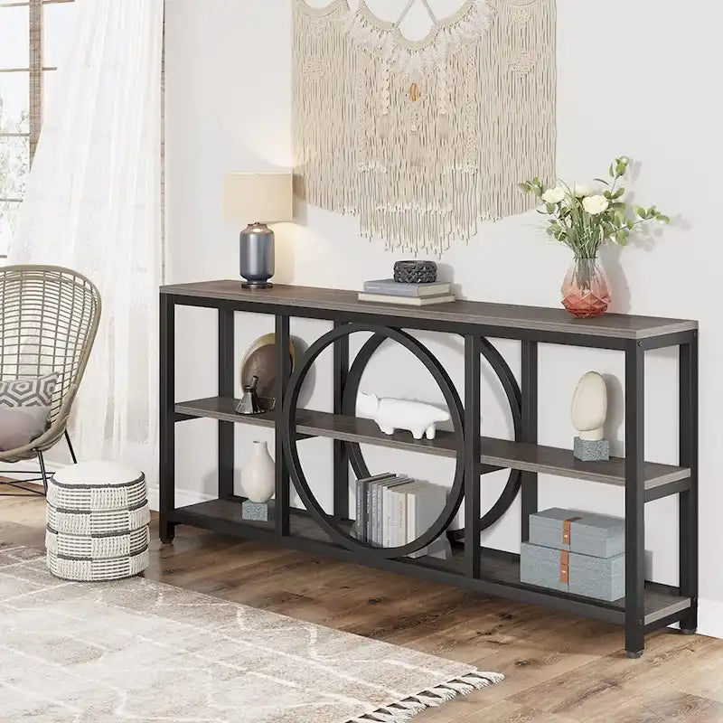 70.9 inch Sofa Console Table with 3 Tier Wood Storage Shelves Industrial Metal Frame for Foyer Hallway Living Room Behind Couch