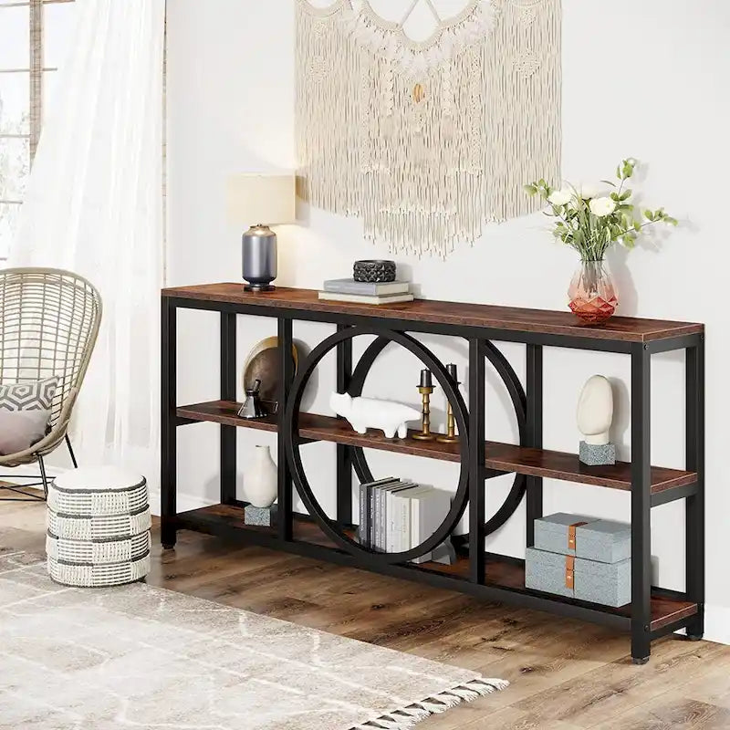 70.9 inch Sofa Console Table with 3 Tier Wood Storage Shelves Industrial Metal Frame for Foyer Hallway Living Room Behind Couch