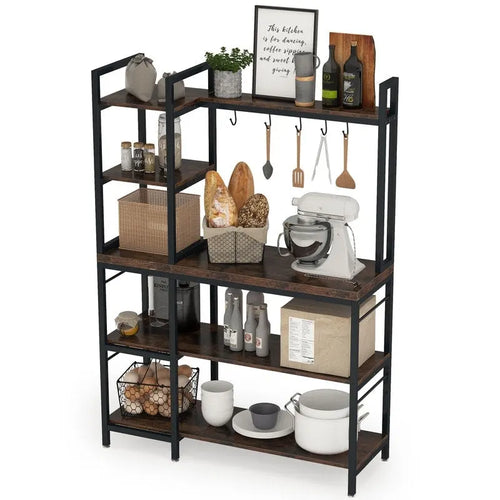 4-Tier Rustic Brown Bakers Rack with S-Shape Hooks