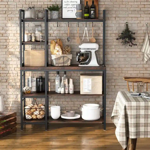Scaffale portapane rustico marrone a 4 ripiani con ganci a forma di S