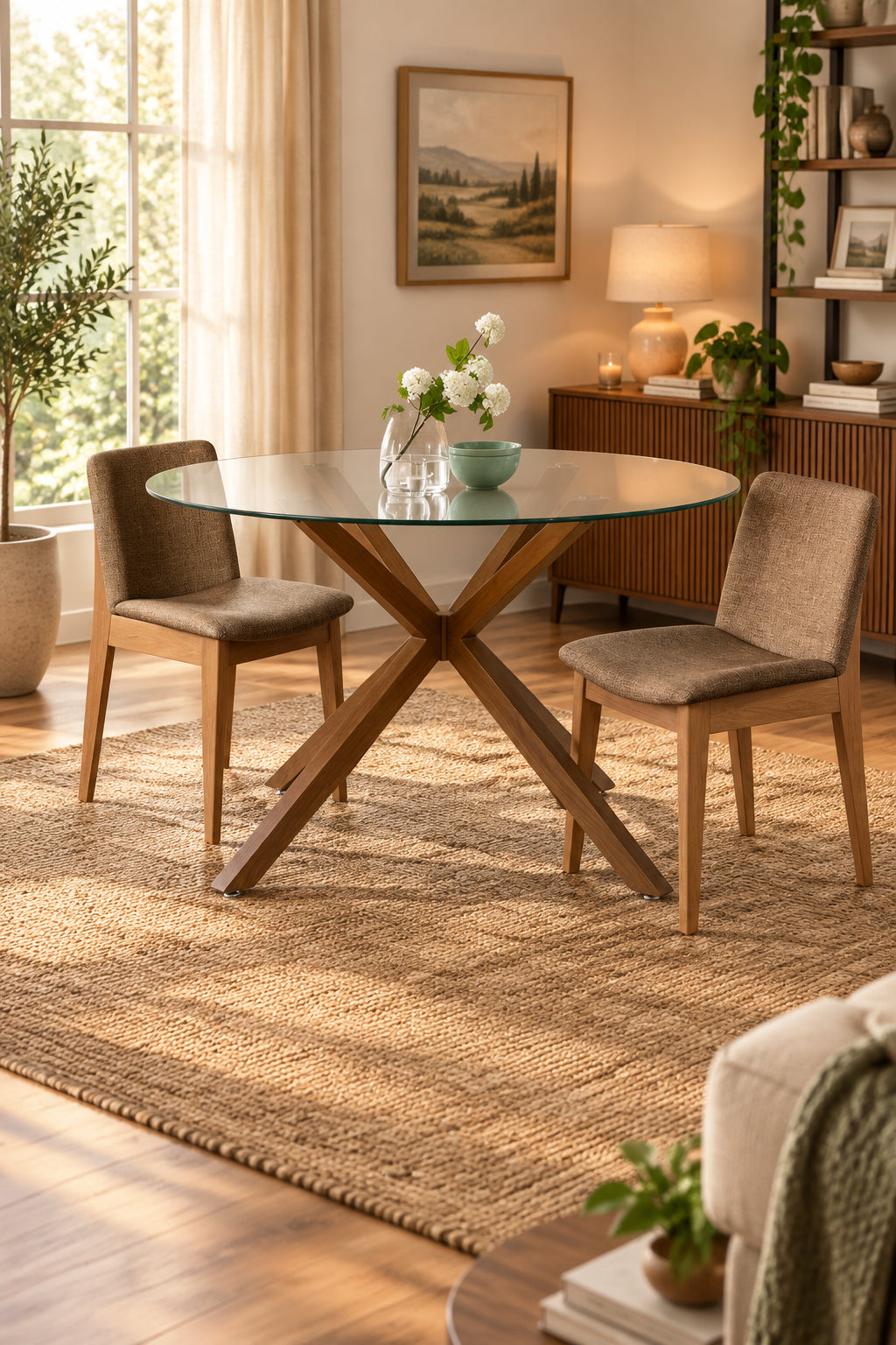 Round 39 Glass Dining Table Walnut Table Leg - 39x30x27