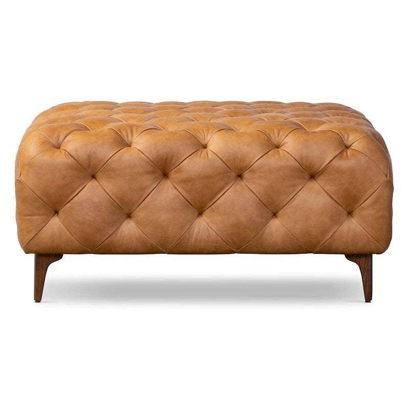 Ottoman in Cognac Tan with Wood Legs - Full Grain Genuine Leather