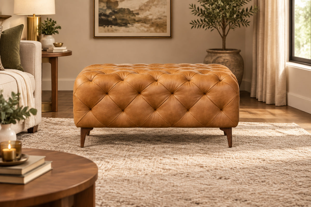 Poly & Bark Turin Ottoman in Cognac Tan with Wood Legs - Full Grain Genuine Italian Leather