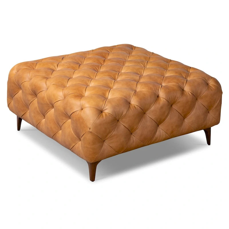 Ottoman in Cognac Tan with Wood Legs - Full Grain Genuine Leather