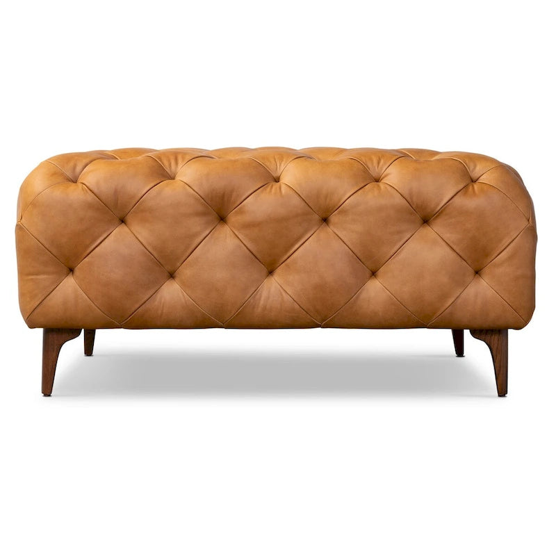 Ottoman in Cognac Tan with Wood Legs - Full Grain Genuine Leather