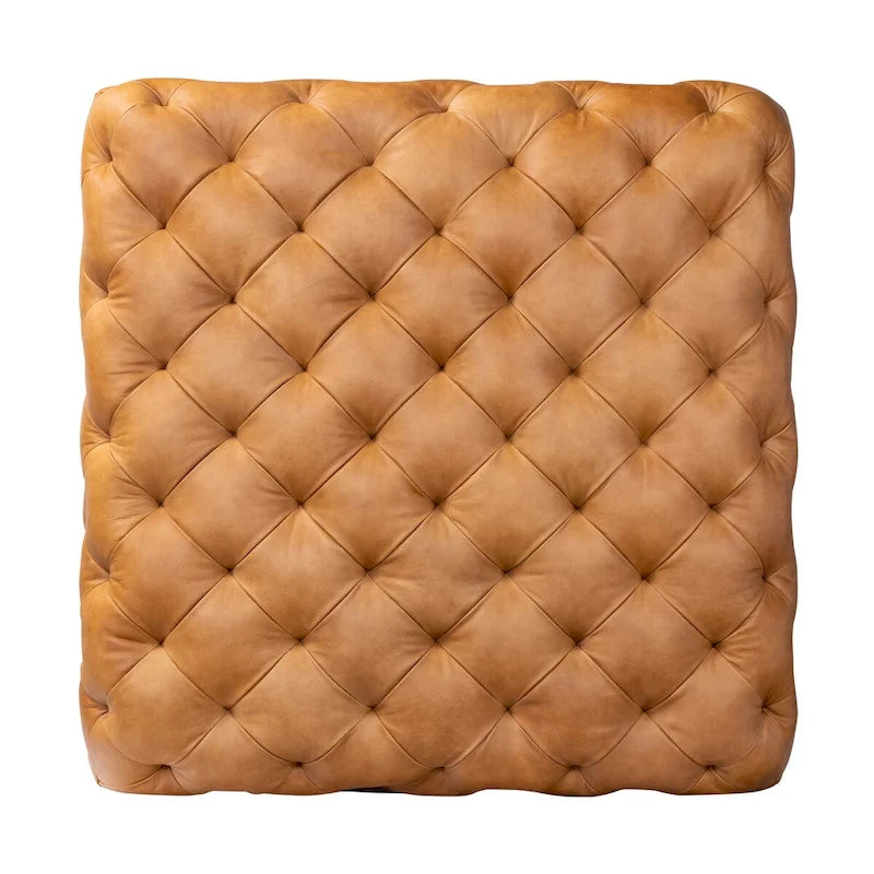Ottoman in Cognac Tan with Wood Legs - Full Grain Genuine Leather
