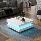 High Gloss Minimalist Design with LED Lights, 2-Tier Square Coffee Table, Center Table for Living Room