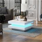 Design minimaliste très brillant avec éclairage LED, table basse carrée à 2 niveaux, table centrale pour le salon