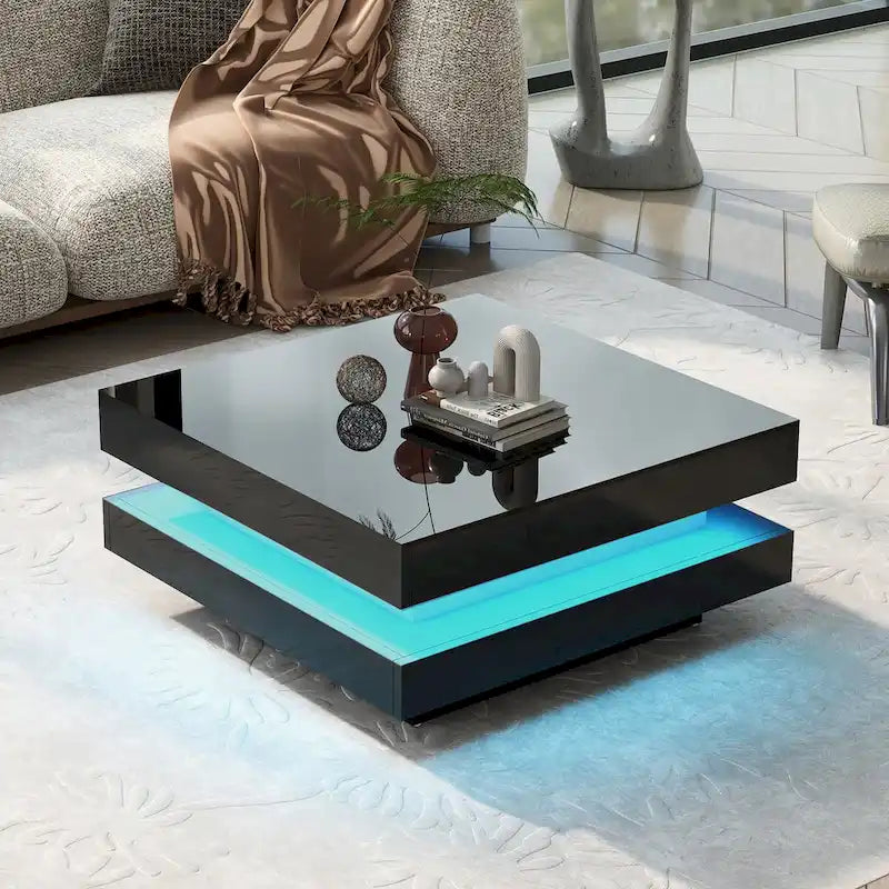 Design minimaliste très brillant avec éclairage LED, table basse carrée à 2 niveaux, table centrale pour le salon