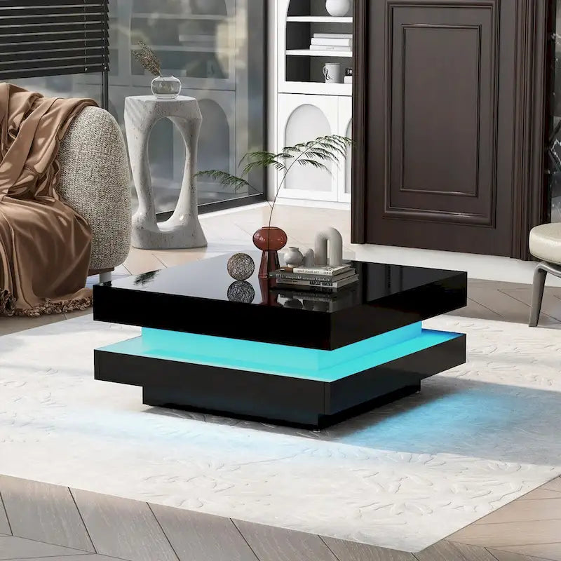 Design minimaliste très brillant avec éclairage LED, table basse carrée à 2 niveaux, table centrale pour le salon