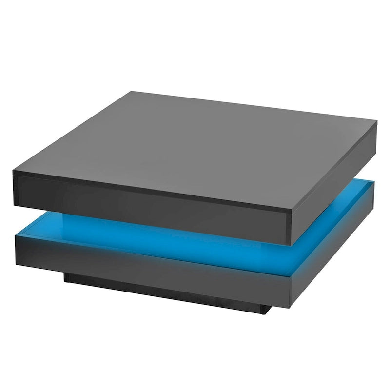 Design minimaliste très brillant avec éclairage LED, table basse carrée à 2 niveaux, table centrale pour le salon