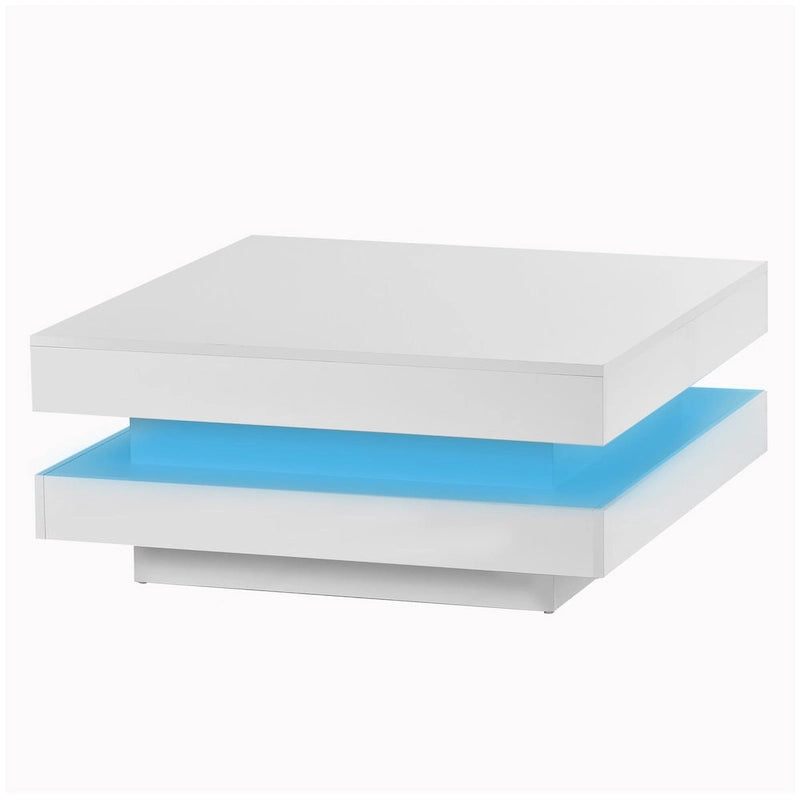 Design minimaliste très brillant avec éclairage LED, table basse carrée à 2 niveaux, table centrale pour le salon