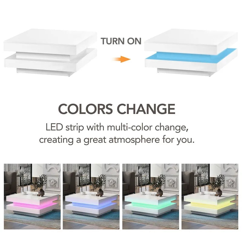 Design minimaliste très brillant avec éclairage LED, table basse carrée à 2 niveaux, table centrale pour le salon