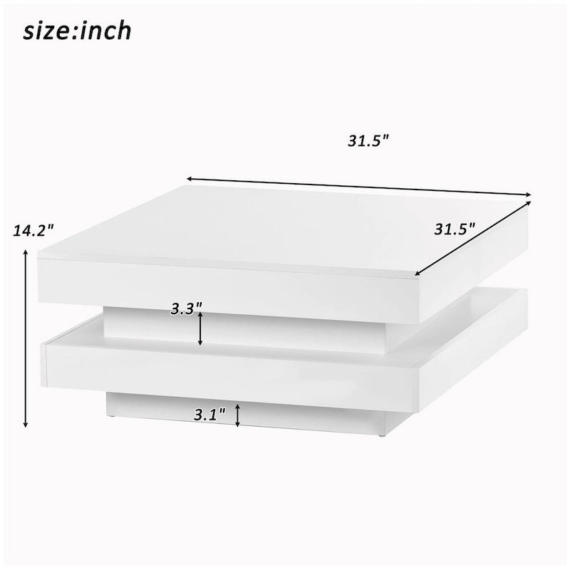 Design minimaliste très brillant avec éclairage LED, table basse carrée à 2 niveaux, table centrale pour le salon