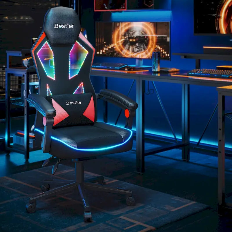 Ergonomische gamingstoel met RGB-ledverlichting, geventileerde stoffen computerstoel met pocketveringkussen en verstelbare armleuningen