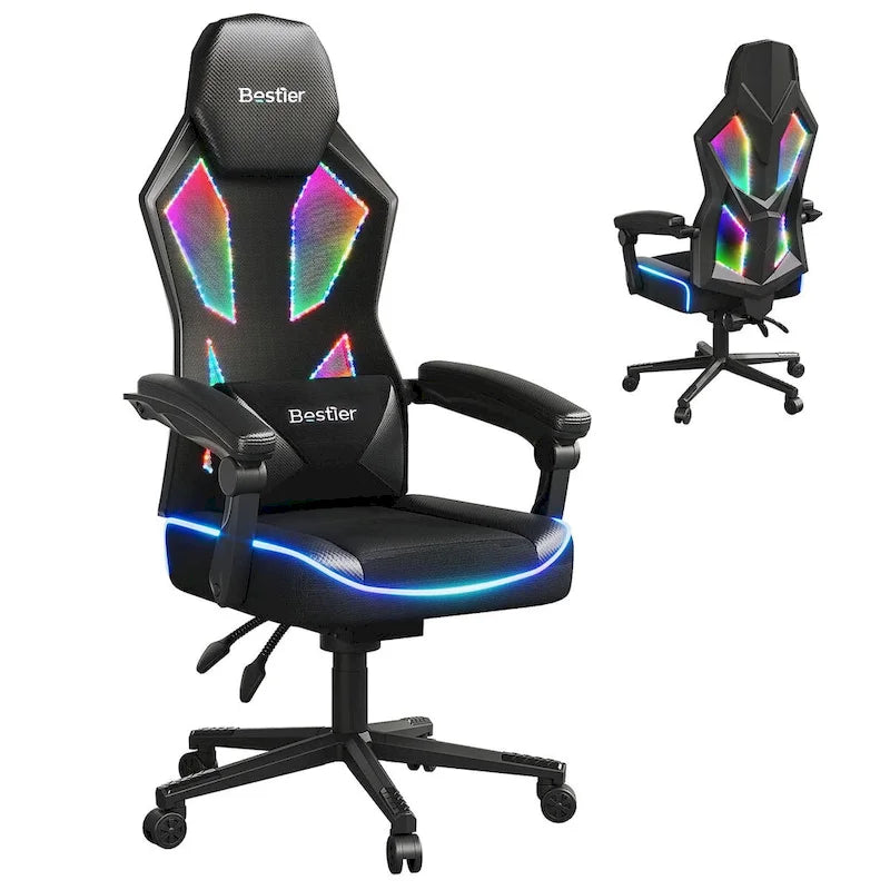 Ergonomische gamingstoel met RGB-ledverlichting, geventileerde stoffen computerstoel met pocketveringkussen en verstelbare armleuningen