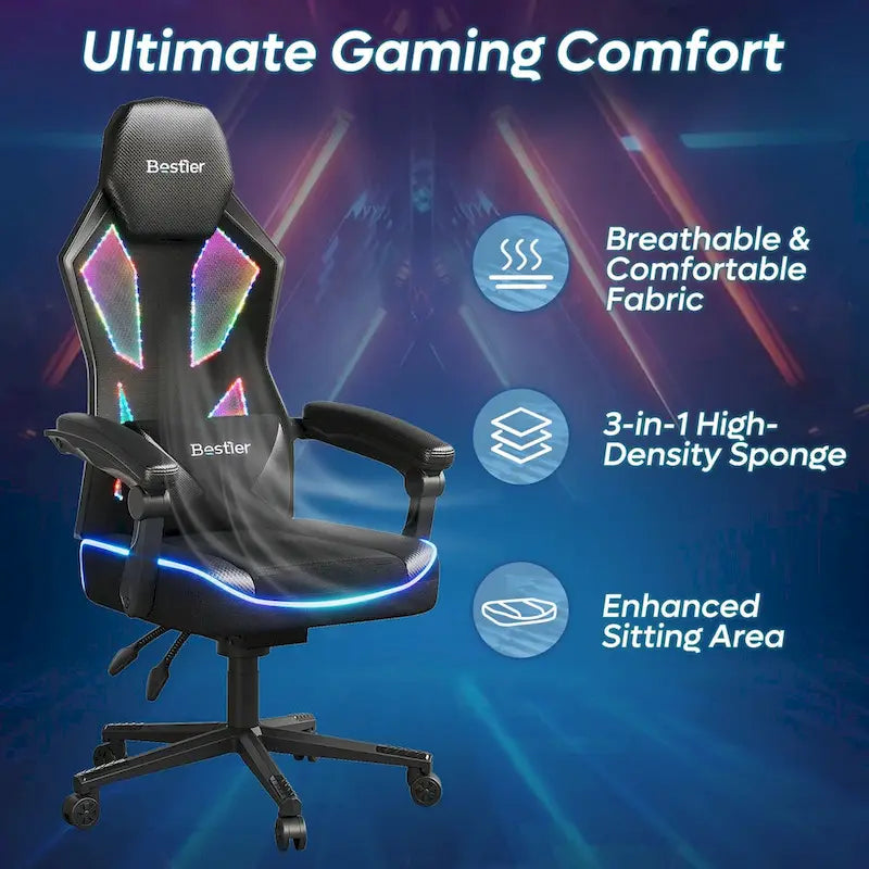 Ergonomische gamingstoel met RGB-ledverlichting, geventileerde stoffen computerstoel met pocketveringkussen en verstelbare armleuningen