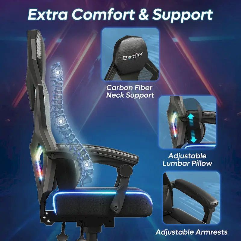 Ergonomische gamingstoel met RGB-ledverlichting, geventileerde stoffen computerstoel met pocketveringkussen en verstelbare armleuningen