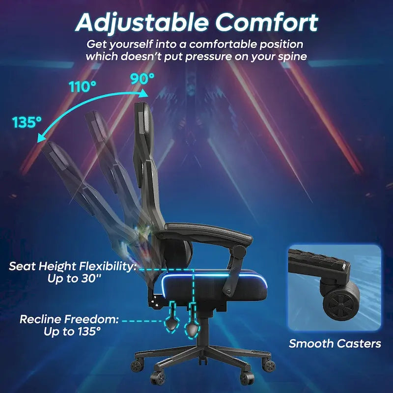 Ergonomische gamingstoel met RGB-ledverlichting, geventileerde stoffen computerstoel met pocketveringkussen en verstelbare armleuningen