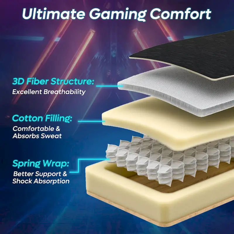 Ergonomische gamingstoel met RGB-ledverlichting, geventileerde stoffen computerstoel met pocketveringkussen en verstelbare armleuningen