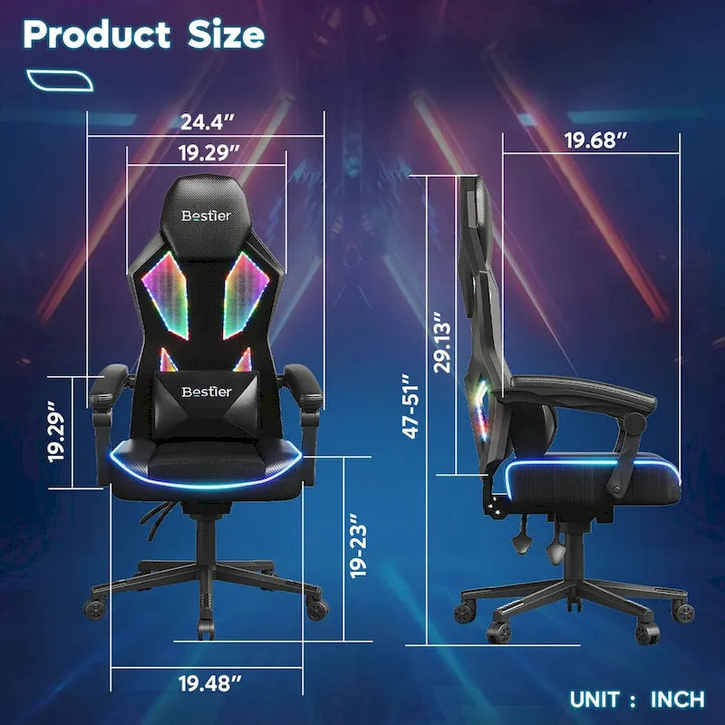 Ergonomische gamingstoel met RGB-ledverlichting, geventileerde stoffen computerstoel met pocketveringkussen en verstelbare armleuningen