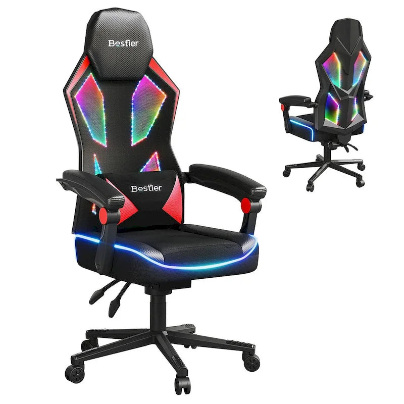 Ergonomische gamingstoel met RGB-ledverlichting, geventileerde stoffen computerstoel met pocketveringkussen en verstelbare armleuningen