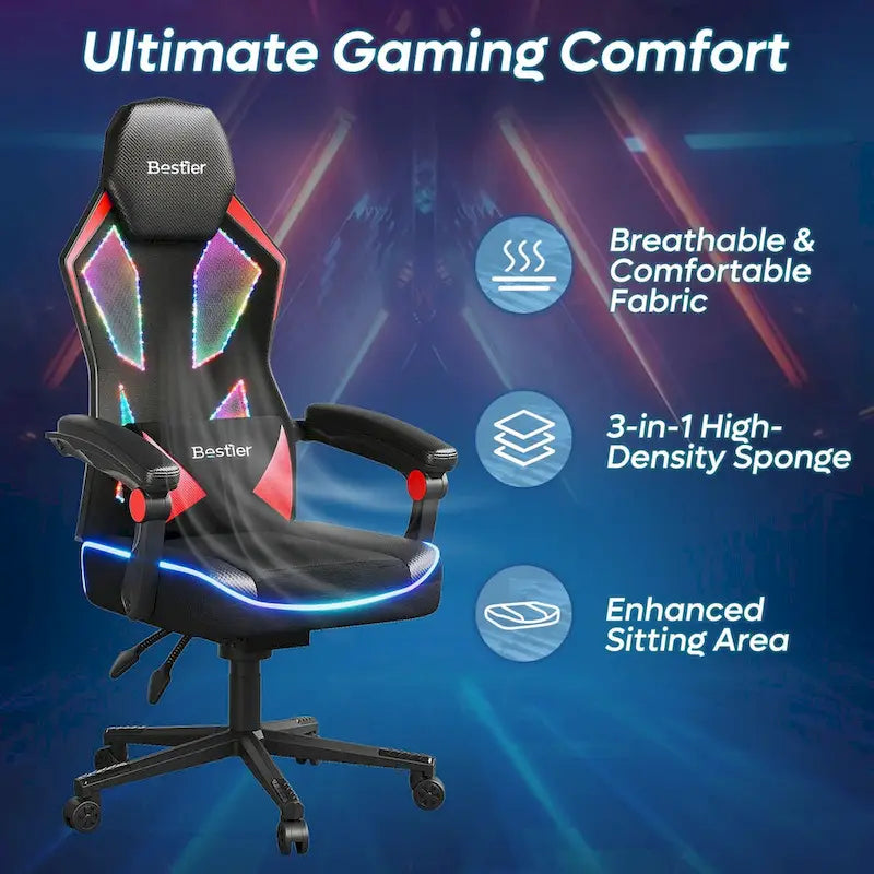 Ergonomische gamingstoel met RGB-ledverlichting, geventileerde stoffen computerstoel met pocketveringkussen en verstelbare armleuningen