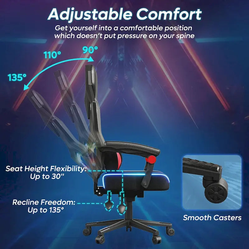 Ergonomische gamingstoel met RGB-ledverlichting, geventileerde stoffen computerstoel met pocketveringkussen en verstelbare armleuningen