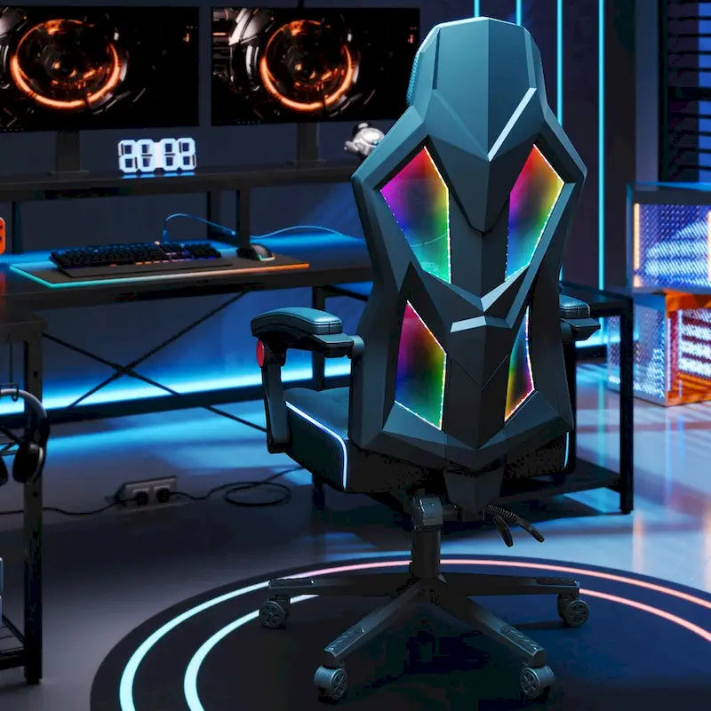 Ergonomische gamingstoel met RGB-ledverlichting, geventileerde stoffen computerstoel met pocketveringkussen en verstelbare armleuningen