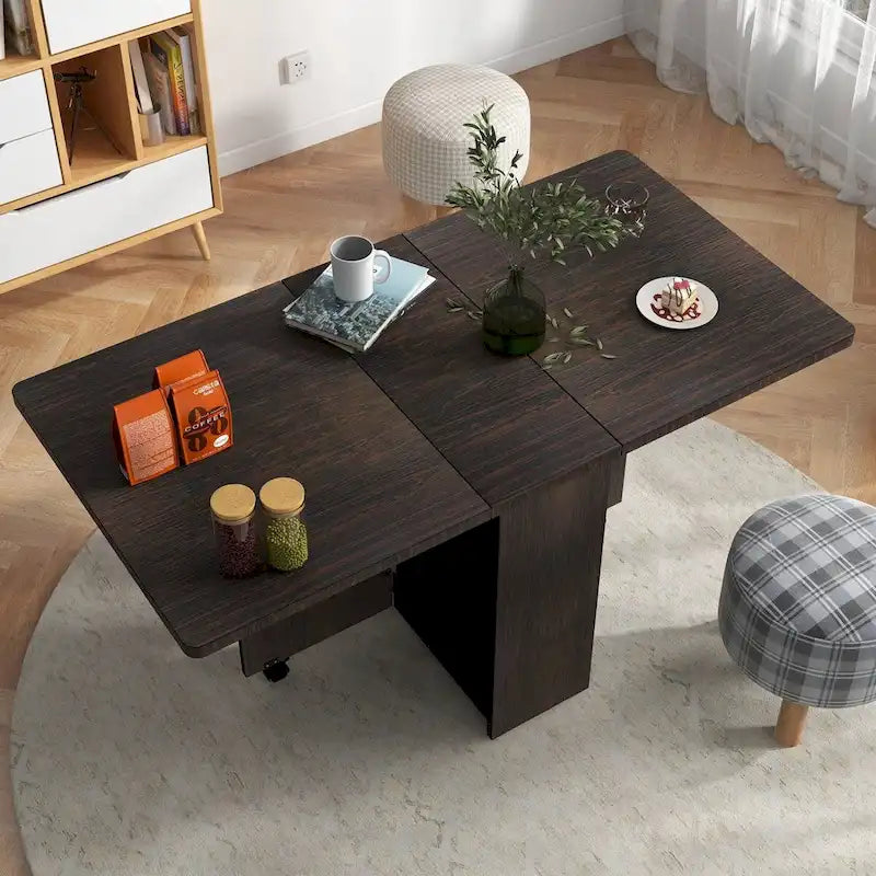 Folding Dining Table with 2-Tier Storage Rack and Wheels