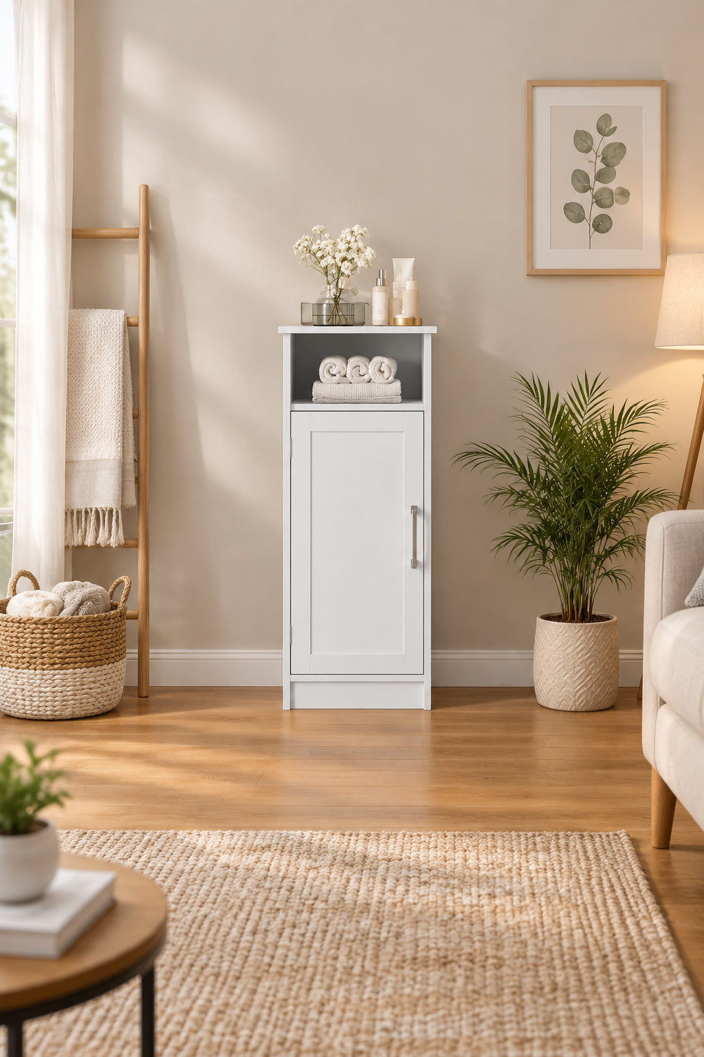 Floor Cabinet Storage Organizer with Magnetic Closure Door and Shelves