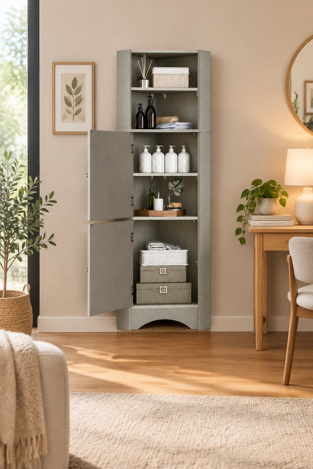 Tall Bathroom Corner Cabinet, Freestanding Storage Cabinet with Doors and Adjustable Shelves, MDF Board