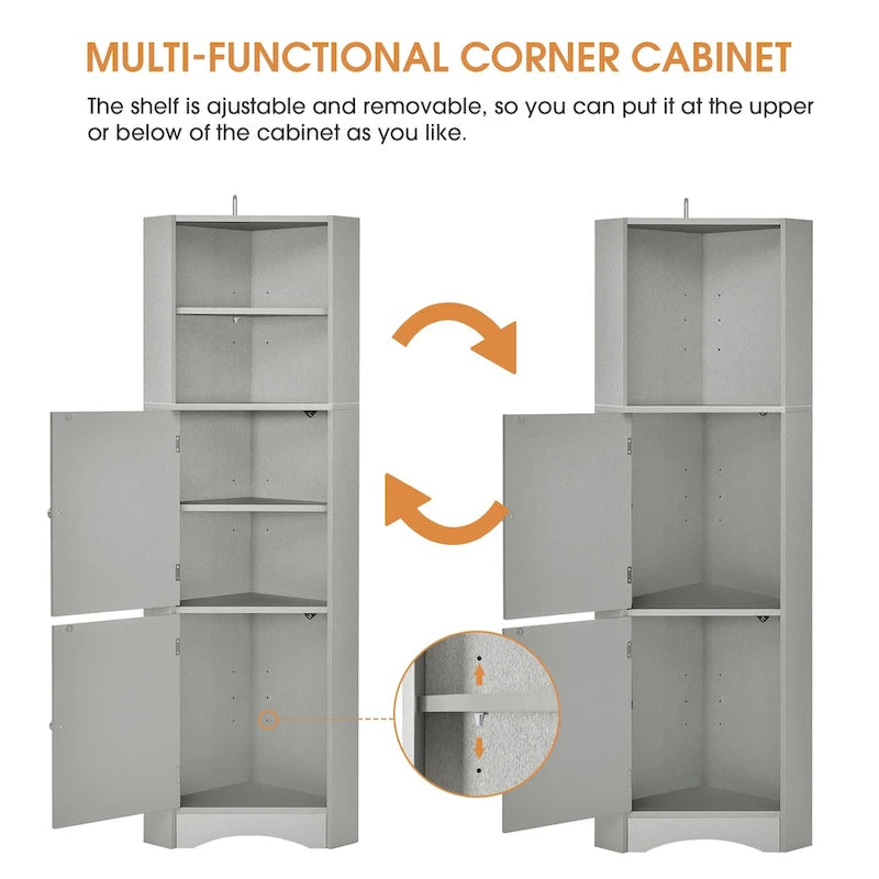 Tall Bathroom Corner Cabinet, Freestanding Storage Cabinet with Doors and Adjustable Shelves, MDF Board
